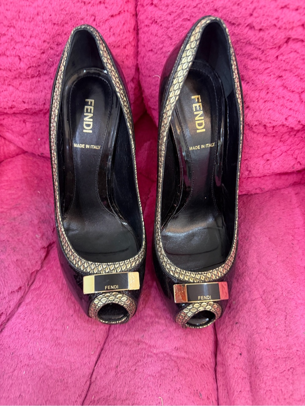 Fendi Black Patent Leather Peep-Toe Pumps with Gold Trim